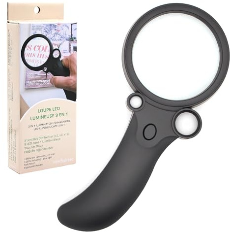 FISHTEC - Loupe à Main Éclairante 4 LED - 3 en 1 LED – 3X Grossissements Différents - 1 Lumière UV - Piles Fournies - Diamètre du Verre Optique de Lecture 65 mm - Idéal pour la Lecture, Timbres