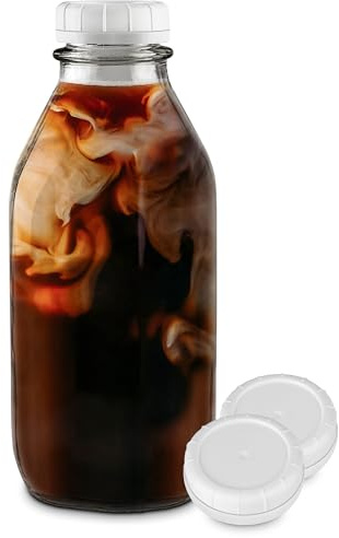 Stock Your Home Liter Glass Milk Bottles (1 Pack) 3 White Caps - 33.8 Oz Milk Jars with Lids - Food Grade Glass Bottles - Dishwasher Safe - Bottles for Oat Milk, Buttermilk, Honey, Syrup, Jam, Sauce -