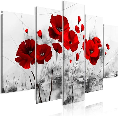 B&D XXL - Tableau Acoustique 225x112,5 cm 5 Parties - Décoration Murale Anti-Bruit Isolation Phonique Bureau Chambre Panneau Insonorisant Impression sur Toile - Fleurs Coquelicots Rouge 0107-5