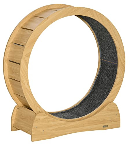 PawHut Cat Treadmill 30 Inch Kitten Wheel with Brake Natural Wood Finish