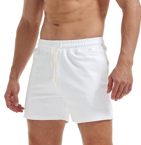 AIMPACT Mens Jogger Shorts 5 Inch Mens Sweat Shorts Elastic Waist Shorts Drawstring Cotton Casual Shorts with Pockets (White-L)