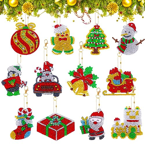 12 Pcs Christmas Diamond DIY Painting Keychain,5D Double Sided Full Drill Diamond Keyrings,Xmas Tree Santa Claus Diamond Art Craft Kits Key Rings for Kids Adults,Key Pendant for Purse Phone Bag Decor