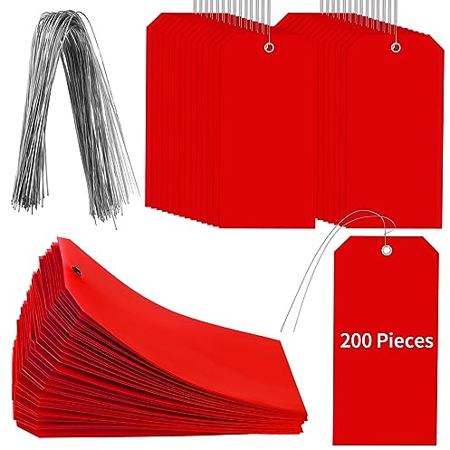 200 Stück 16,5 x 8,9 cm Kunststoffanhänger mit Drähten, große rote Ladenversandanhänger, wasserdicht, farbig, blanko, Karton, Hängeetiketten mit Draht für Geschenktüten, Inventarkontrolle, Ausrüstung,