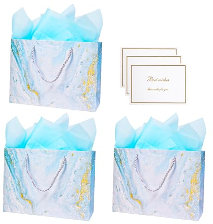 3 Stück Geschenktüten mit Henkel, 28× 20× 10cm groß Geschenktaschen mit Seidenpapier und Karten, Papiertüten Blau für Geburtstag, Hochzeit, Babyparty