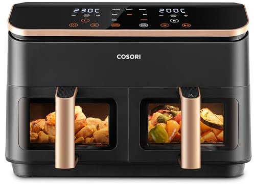 Cosori Freidora de Aire True Acero Inox-Doble Cesta 8,5L-Grande Air Fryer-Sync Cook de Alta Tecnología-Alta Potencia y Velocidad-55% de Ahorro Energético-10 Funciones-Máx 10 Personas-Limpiable