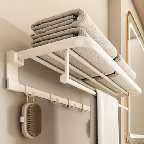 Yomotay Handtuchhalter ohne Bohren, 90°Klappbarer Handtuchregal Badezimmer Towel Holder Wand Handtuchstange mit 5 Handtuchhaken, 60 cm lang - Weiß