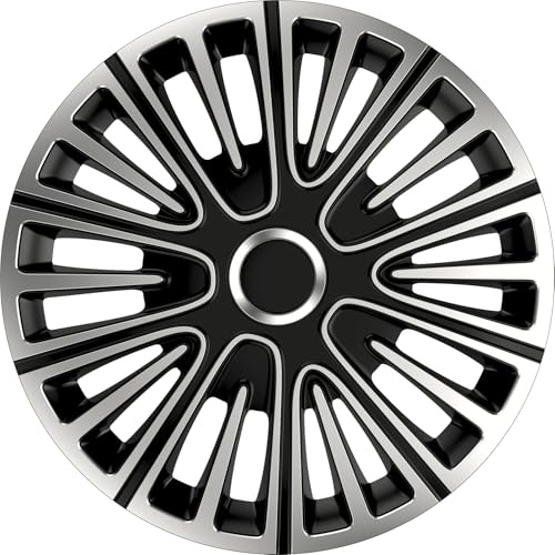 XL Cover Set 4 Copricerchi Auto 15 pollici Argento & Nero Bicolore - Anello Metallico Regolabile - ABS Resistente Universali