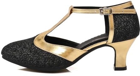 GYUBL Women's Black Glitter T-Strap Dance Shoes Low Heel Salsa Tango Ballroom Heels, 5.5 UK