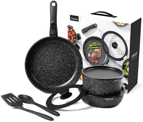 VINAK - Set de sartenes con mango extraible  antiadherentes | 11 piezas - Sartén 26 cm + 20 cm, Cacerola 18 cm, Tapas Cristal/Almacenamiento, Utensilios Silicona | Inducción & Horno | Libre PFOA/BPA