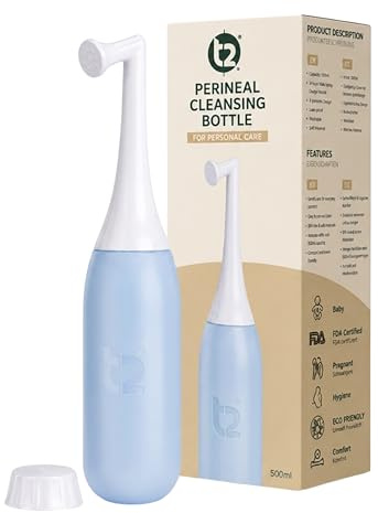 T2 Peri-flaska 500 ml – bärbar bidé och perinealflaska för kvinnor, smärtlindring efter förlossningen – vinklat munstycke, BPA-fri EVA, reselock och väska – sjukhusväska Essential (himmelsblå)