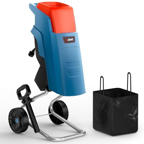 SENIX 15 Amp Electric Wood Chipper, Shredder, Corded Mulchers - 1.6 inch Cutting Diameter, 1.3 Bushel Collection Bag, 22:1 Reduction, Max Speed 4000RPM
