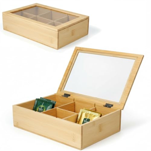 LS-LebenStil Nachhaltige Holz Teebox 6 Fächer Bambus durchsichtiger Glasdeckel Aufbewahrungsbox Teekiste Holzkiste Schmuckkiste Schmuckkasten Schmuckkästchen Organizer Aufbewahrung für Tee, Schmuck