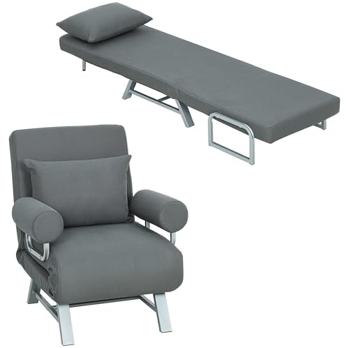 HOMCOM Sofá Cama de 1 Plaza 3 en 1 Respaldo Ajustable 5 Niveles Gris Oscuro | Sillón Cama Plegable, Tapizado en Lino Sintético, Almohada Acolchada, para Oficina Dormitorio Salón, 73x78x81 cm