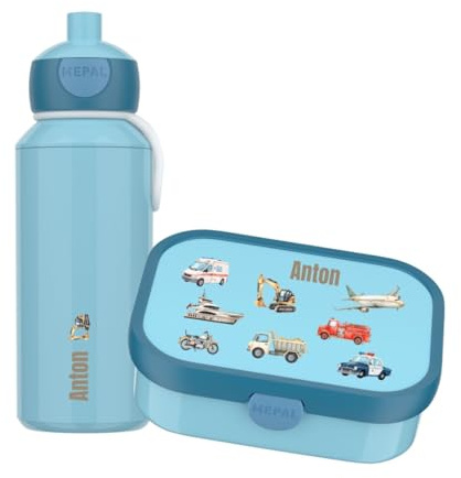 Mepal Juego de fiambrera y botella personalizada, fiambrera infantil con compartimentos, fiambrera y botella de agua con nombre, caja bento a prueba de fugas, juego con estampado de vehículos