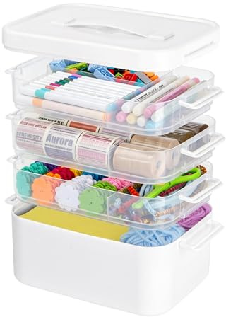 Creahaus 4-lagiger Mehrzweck Aufbewahrungsbox mit Herausnehmbaren Tabletts, Stapelbarer Medikamenten Aufbewahrung Medizinbox mit Griff, Tragbare Nähkasten für, Sortierbox, Bastelkoffer, Hausapotheke