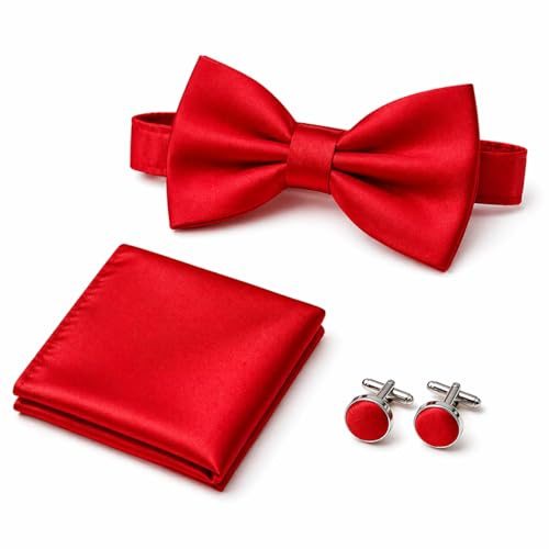 AHEZQILU Papillon da uomo rosso satinato regolabile papillon rosso set con pochette e bottoni da polsino, cravatta pre-annodata elegante per matrimonio e sera costume da uomo adulto