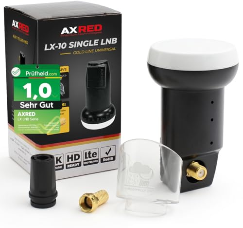Test SEHR GUT, betyg 1.0 * AXRED Singel LNB + Väderskyddshuva + F-kontakt, Digital 1Fach 4K HD LNB för 1 deltagare med väderskydd, för TV-sändare Satellitmottagare Satellitantenn, LNC