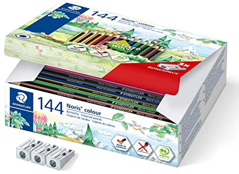 STAEDTLER Buntstifte Noris colour, rutschfeste Soft-Oberfläche, hohe Bruchfestigkeit, Made from Upcycled Wood, Sechskantformat, Set mit 144 Stiften in 12 intensiven Farben und 3 Spitzer, 185 C144
