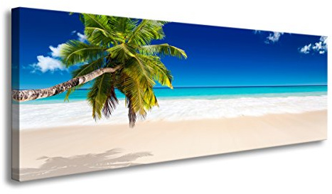 Visario canvastavla tropisk strand med palm — avslappnande panorama väggbild på canvas färdig med träram — 120x40 cm 5731