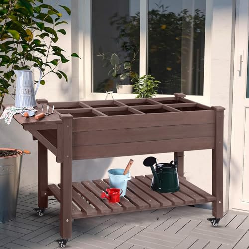 Aivituvin Raised Garden Bed on Wheels, Elevated Plant Boxes Outdoor Large with Grow Grid - with Large Storage Shelf 52.7 x 22 x 30