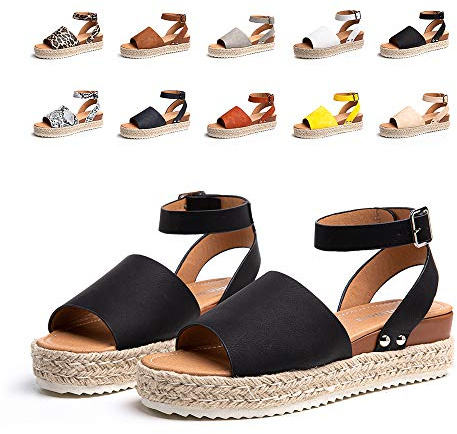 Womens Platform Sandals Ladies Summer Wedge Espadrilles Sandal Buckle Ankle Strap Comfy Peep Toe Flatform Shoes Black Size 7.5 UK