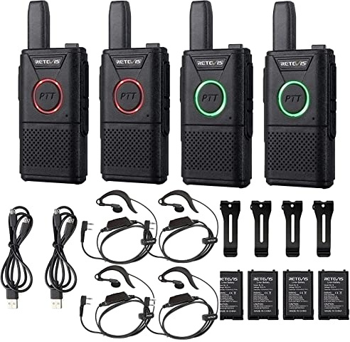 Retevis RT618 Walkie Talkie con Auriculares, Mini Radio PMR446, Radio PTT Doble, 16 Canales, VOX, Emergencia, Walky Talky para Atención Domiciliaria, Residencia de Ancianos (Negro, 4 Piezas)