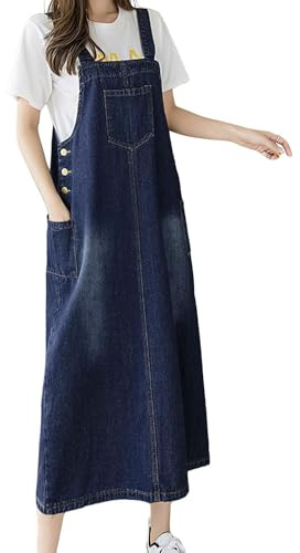 ebossy Women's Patchwork Denim Bib Overall Casual Button Jean Maxi Long Pinafore Dress With Pocket (Blue, M)