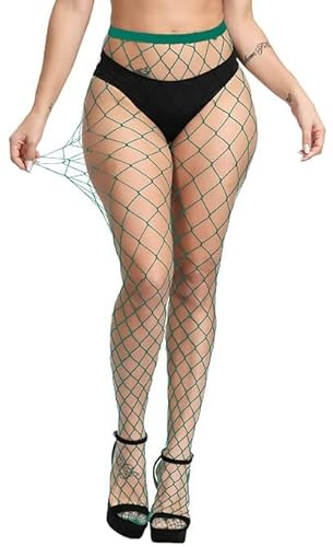 CozyWow Medias de malla para mujer, elásticas, huecas, cintura alta, mallas de malla de pesca atractivas, liguero, muslo, medias altas para mujeres, Green Big Hole, Talla única