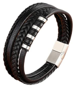 LIRU Lederarmband,Lederarmband Klassisches Mehrschichtiges Geflochtenes Lederarmband Silveryr Mode-Accessoires Verschluss Schwarzes Lederarmband Charm-Schmuck Für Damen Herren Geschenk 19 cm
