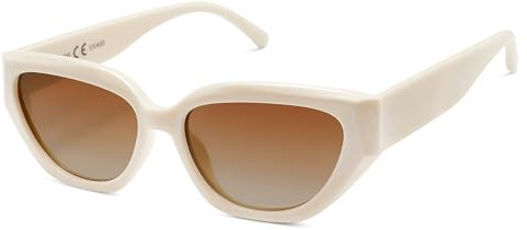 SOJOS Trendy Cute Cat Eye Polarized Sunglasses for Women Fashion Cateye Womens Sunnies SJ2237, Light Beige Frame Brown Grading Lens