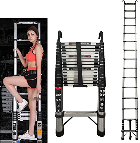 Échelle télescopique pliante avec 2 crochets, échelle coulissante en acier inoxydable de 5 m, échelle portative multi-usage, capacité de charge de 150 kg