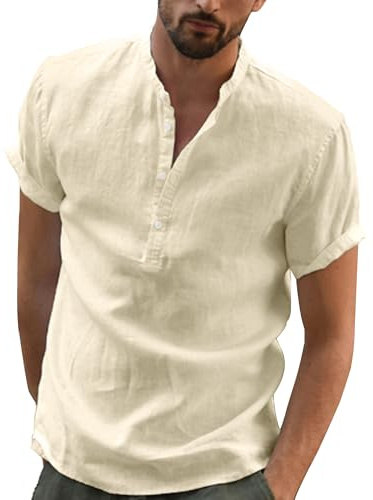 YAOBAOLE Chemise Homme Manche Court Chemises Lin pour Hommes Chemisette Homme Col Mao Casual Tee Shirt Vetement pour Hommes Ete Kaki M
