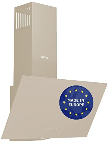 Wiggo Dunstabzugshaube 60cm kopffrei I Abluft Umluft Dunstabzug 650m³/h - Touch-Display 4 Stufen I Energieeffizienzklasse A Schräghaube inkl. Fettfilter & 2x Kohlefilter I Abzugshaube Glasfront creme