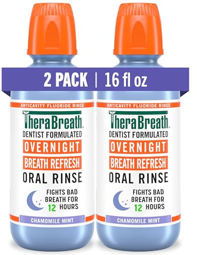 TheraBreath Overnight Mouthwash, Fights Bad Breath for 12 Hours, Chamomile Mint Flavor, Dentist Formulated, Fluoride Rinse, Alcohol Free, 16 fl oz (Pack of 2)