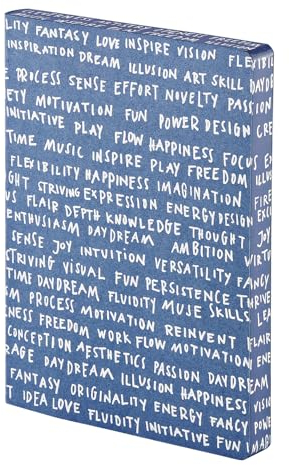 Nuuna Notizbuch A5+ | Graphic L - Word Plays | 3,5 mm Punktraster | 256 nummerierte Seiten | 120 g Premium-Papier | Recyceltes Denim blau | nachhaltig produziert in Deutschland