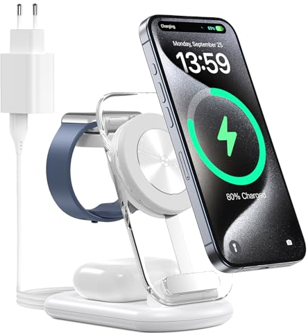Estación de Carga inalámbrica 3 en 1 para mag-Safe, Cargador magnético inalámbrico Plegable y Ajustable, Soporte de Carga de Viaje mag-Safe con luz para iPhone 15/14/13, AirPods, Apple Watch, Blanco