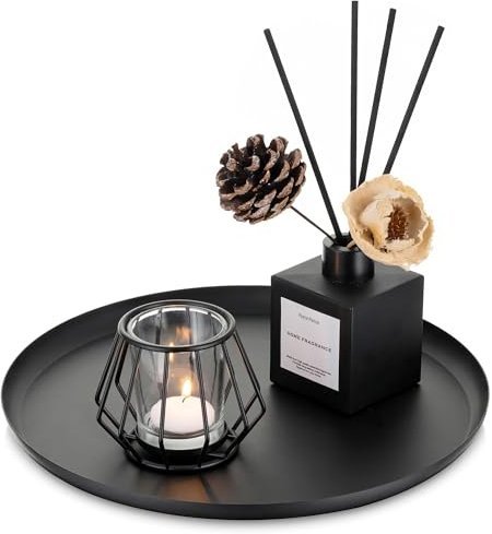 Romadedi Schwarz Deko Tablett Aus Metall - 28cm Rund Dekotablett Dekoschale Für Tischdeko Kerzenteller Kerzentablett Für Kerzen Serviertablett Für Wohnzimmer Badezimmer Esstisch Deko