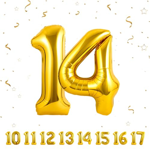 Globos de 14 cumpleaños,Dorado 14 pulgadas Globo número, 14 decoraciones de Globo número cumpleaños para hombre y mujer, Globo inflable de lámina de Dorado 14
