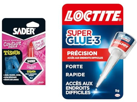 Sader Colle Spéciale Couture Finis les Ourlets – Colle Tissus et Textiles : Jeans, Cuir, Coton & Loctite Super Glue-3 | Précision – Colle forte pour réparations précises – Colle liquide