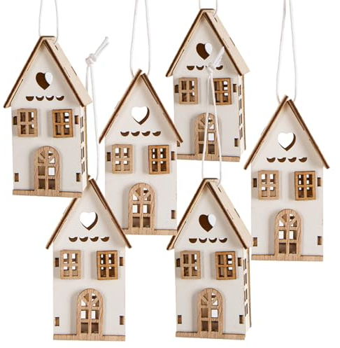Logbuch-Verlag 6 kleine Ostern Frühling Deko Häuser mit Schnur zum Aufhängen Holzhaus 4 x 7 x 3 cm weiß naturfarben