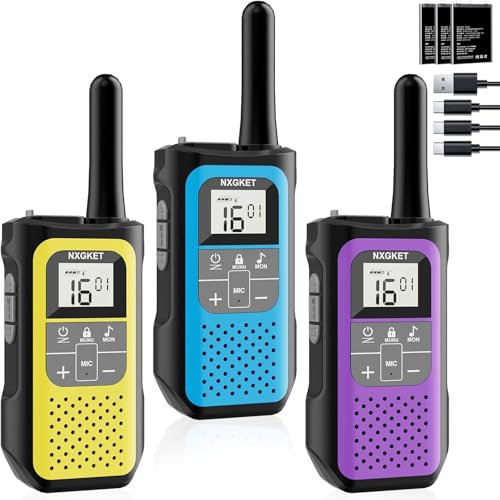 Walkie Talkie 3er Set, NXGKET Walki Talki für Kinder Erwachsene, Große Reichweite 5km Funkgeräte Set mit 1200mAh Aufladbar Akku, 16 Kanal VOX Walky Talky für Camping, Freien, Skifahren, Wandern