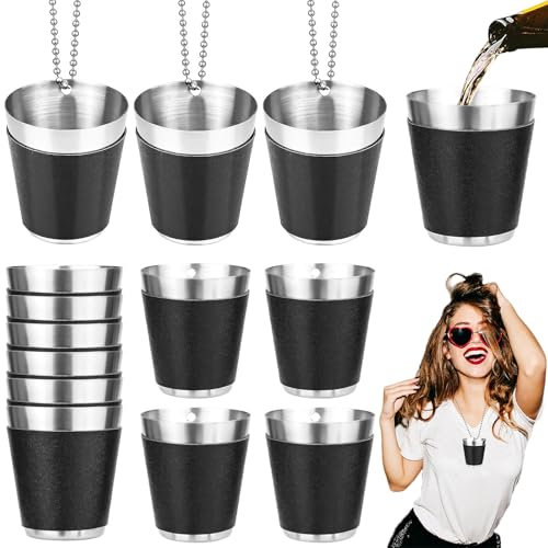 Begpoee 12 Piezas Vasos de Chupito de 30 ml de Acero Inoxidable Negro, Vasos de Chupito para Colgar, Para Celebraciones de Bodas, Carnavales y Fiestas al Aire Libre(4,2 x 3,7 cm, Negro + Plata)
