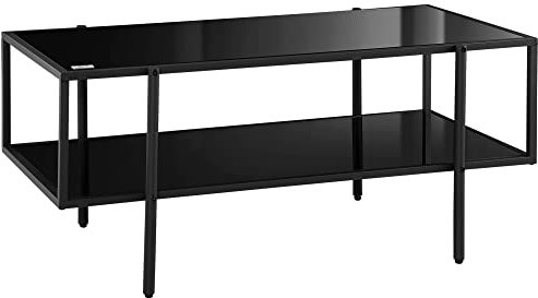 HOMCOM Beistelltisch, Couchtisch mit 2 Ablage, Kaffeetisch aus Hartglas, für Wohnzimmer, Schlafzimmer, 100 x 55 x 45,5 cm, Stahl, Schwarz