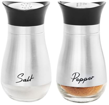 FEYIUBMEN Lot de 2 salières et poivrières, 4 modèles (noir, blanc, argent, noir + blanc), 6 x 6 x 11,2 cm, salière en verre et acier inoxydable (argenté)