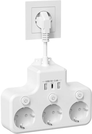 DYNOPULS Steckdosenleiste mit USB, Doppelsteckdose für Steckdose 3 und 3 USB, Steckdosenadapter 6-in-1, Verteilerleiste für Büro, Zuhause, Reisen