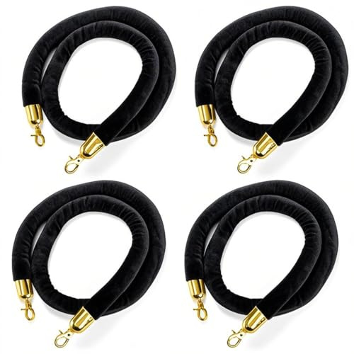 Okllen 4 Pack Black Velvet Stanchion Ropes with Gold Hooks, 5 Ft Crowd Control Barrier for Carpet Events Movie Theaters Hotels (Not Included The Stands)