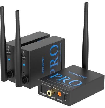 1Mii (1 TX + 2 RX) Drahtlos Audio Sender Empfänger, 2,4GHz Audio Funkübertragung, Geringe Latenz, HiFi von TV/PC zu Subwoofer/Aktiverlautsprecher/Verstärker, Optisch/Koaxial/3,5-mm/Cinch-Anschluss