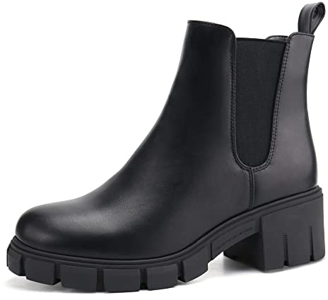 JABASIC Women Platform Chelsea Boots Mid Heel Slip-On Ankle Booties with Elastic Panel (8 UK,Black)