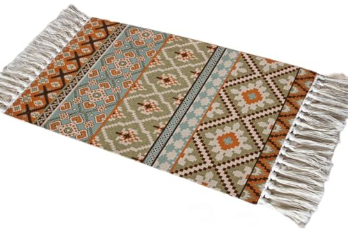 Aniyan Teppich 50x80 cm Boho Baumwollteppich Waschbar mit Quasten, Webteppich Faltbar für Camping Outdoor, Wohnzimmer Schlafzimmer Küche Flur, Handgewebter Antirutsch L?Ufer (Stil G)