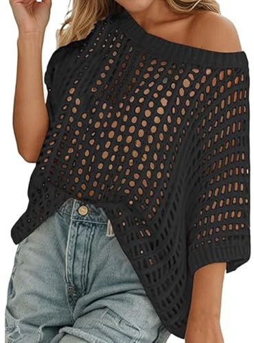 Générique Hauts ajourés pour Femme, Chemises d'été à col Rond et Manches Courtes, Haut en Tricot crocheté à col Rond et Manches Courtes (Black,TG)